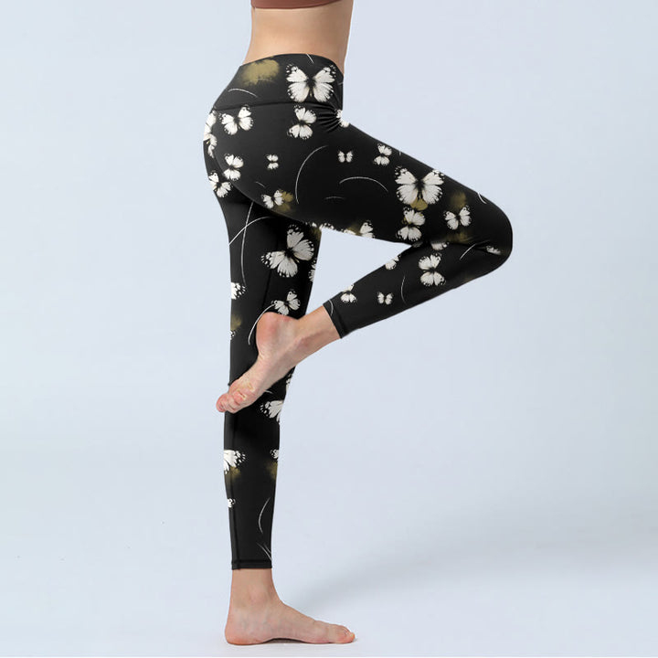 Leggings da yoga da donna con stampa di stelle e farfalle bianche Buddha Stones