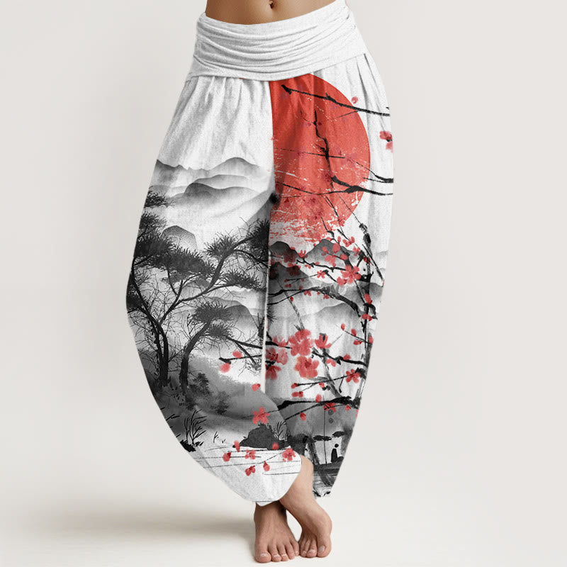 Pantaloni harem da donna con elastico in vita, modello casual, motivo Buddha Stones, fiori di prugna rossi, montagne e sole - Bianco - US22, UK/AU26, EU54 (6XL) - image 1