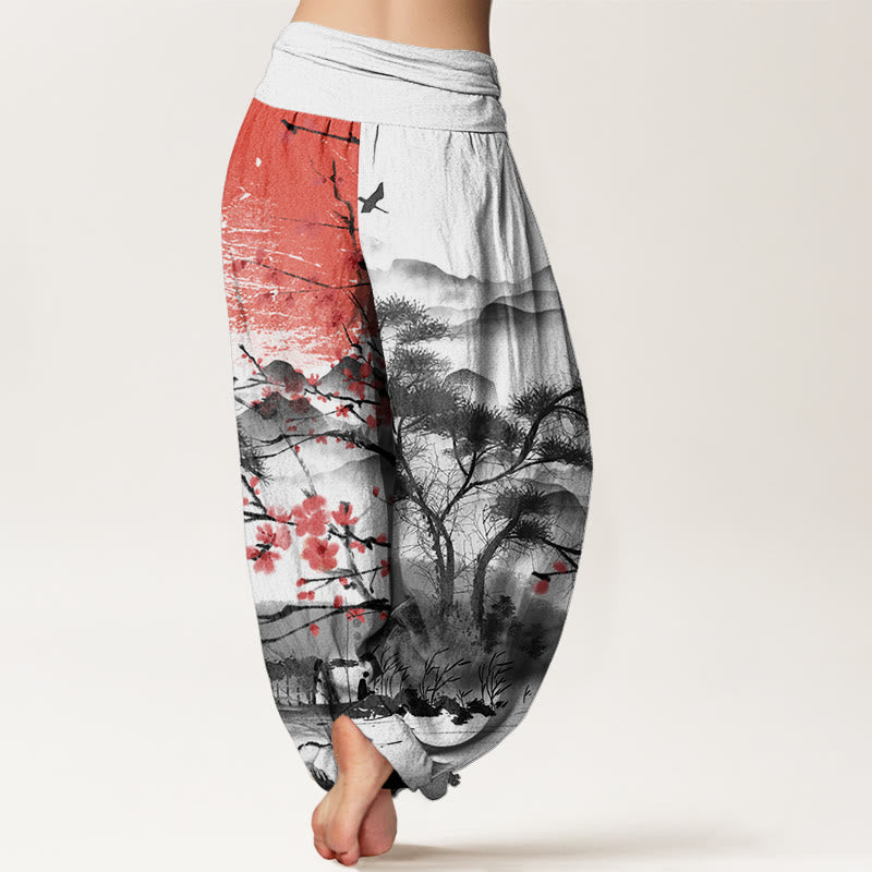 Pantaloni harem da donna con elastico in vita, modello casual, motivo Buddha Stones, fiori di prugna rossi, montagne e sole - image 2