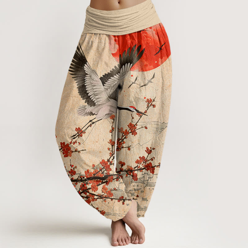 Pantaloni harem da donna con elastico in vita, motivo a gru coronata rossa, sole e fiori di prugna rossi, Buddha Stones - Cachi - US22, UK/AU26, EU54 (6XL) - image 8