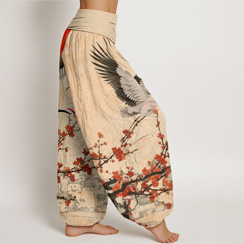 Pantaloni harem da donna con elastico in vita, motivo a gru coronata rossa, sole e fiori di prugna rossi, Buddha Stones - image 10