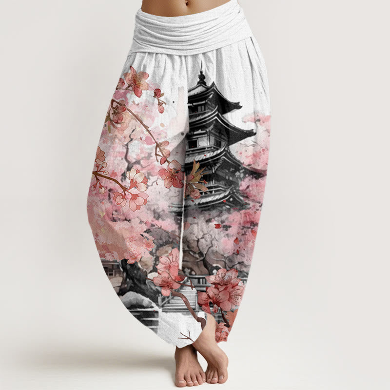 Pantaloni harem da donna con elastico in vita e motivo a fiori di ciliegio in cotone Buddha Stones - Nevicare - US22, UK/AU26, EU54 (6XL) - image 4