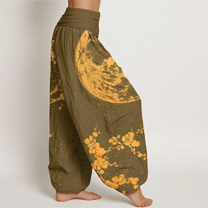 Pantaloni harem da donna con elastico in vita, in cotone con motivo a luna piena e fiori di prugna dorata, motivo Buddha Stones - image 6
