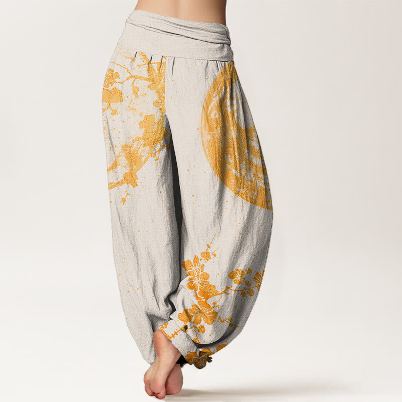 Pantaloni harem da donna con elastico in vita e motivo a luna piena con fiori di prugna dorati Buddha Stones - image 9