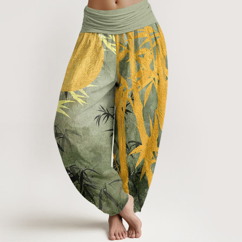 Pantaloni harem da donna con elastico in vita, motivo a luna piena, con Buddha Stones di bambù - Verde chiaro - US22, UK/AU26, EU54 (6XL) - image 1