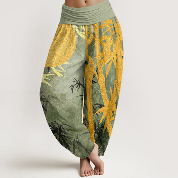 Pantaloni harem da donna con elastico in vita, motivo a luna piena, con Buddha Stones di bambù - Verde chiaro - US22, UK/AU26, EU54 (6XL) - image 1