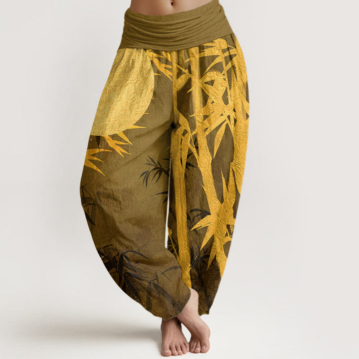 Pantaloni harem da donna con elastico in vita, motivo a luna piena, con Buddha Stones di bambù - DarkKhaki - US22, UK/AU26, EU54 (6XL) - image 5