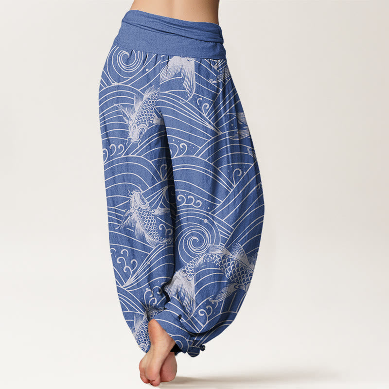 Pantaloni harem da donna con elastico in vita e motivo a onde con Buddha Stones e pesci koi - image 2
