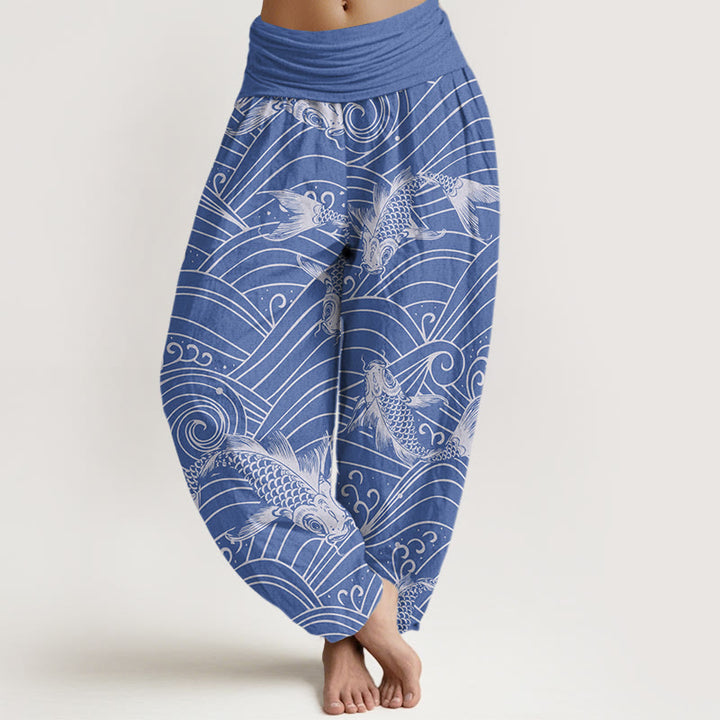 Pantaloni harem da donna con elastico in vita e motivo a onde con Buddha Stones e pesci koi - Blu Reale - US22, UK/AU26, EU54 (6XL) - image 1