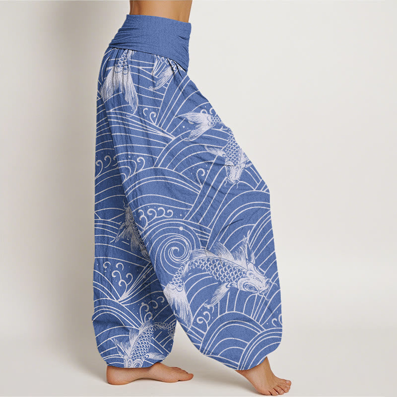 Pantaloni harem da donna con elastico in vita e motivo a onde con Buddha Stones e pesci koi - image 3