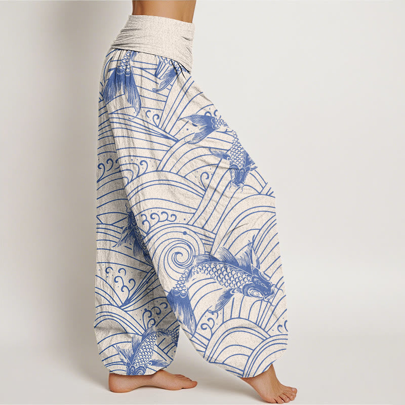 Pantaloni harem da donna con elastico in vita e motivo a onde con Buddha Stones e pesci koi - image 7