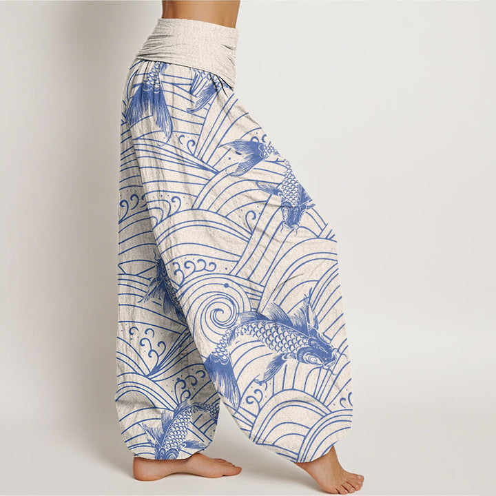Pantaloni harem da donna con elastico in vita e motivo a onde con Buddha Stones e pesci koi - image 7
