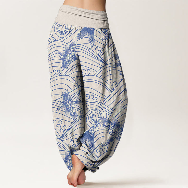 Pantaloni harem da donna con elastico in vita e motivo a onde con Buddha Stones e pesci koi - image 6
