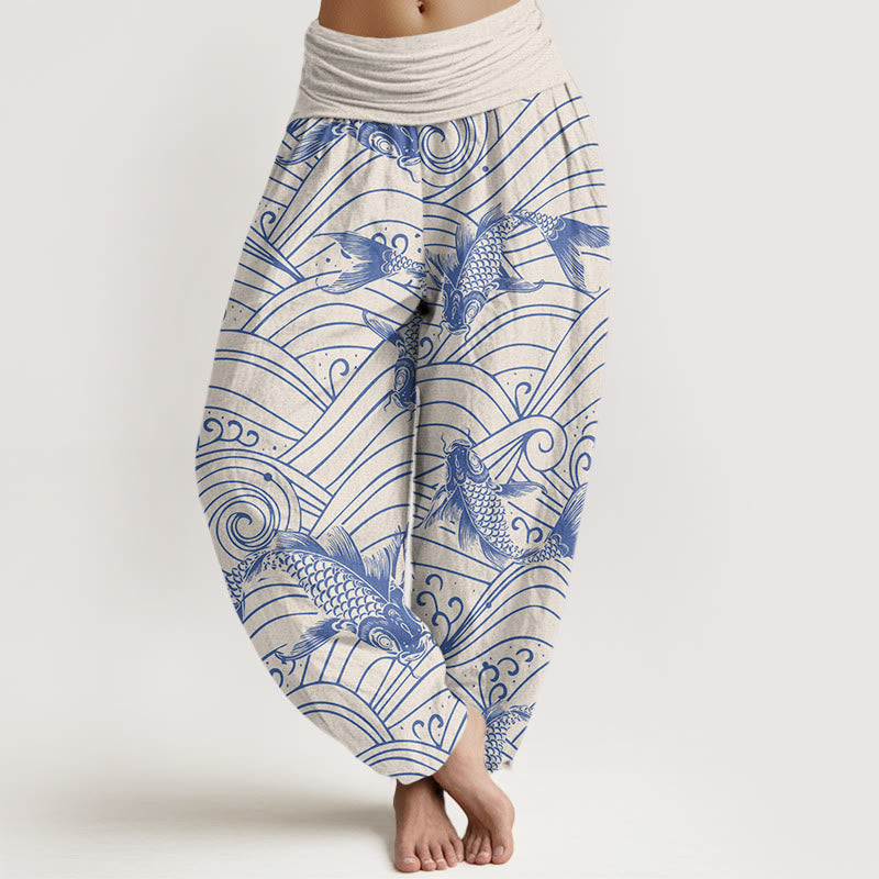 Pantaloni harem da donna con elastico in vita e motivo a onde con Buddha Stones e pesci koi - Beige - US22, UK/AU26, EU54 (6XL) - image 5