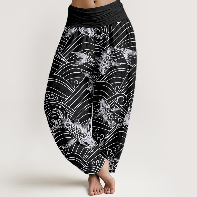 Pantaloni harem da donna con elastico in vita e motivo a onde con Buddha Stones e pesci koi - Nero - US22, UK/AU26, EU54 (6XL) - image 8