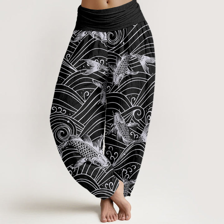 Pantaloni harem da donna con elastico in vita e motivo a onde con Buddha Stones e pesci koi - Nero - US22, UK/AU26, EU54 (6XL) - image 8