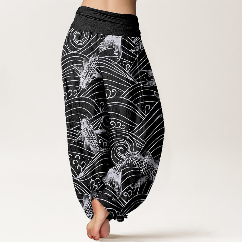 Pantaloni harem da donna con elastico in vita e motivo a onde con Buddha Stones e pesci koi - image 9