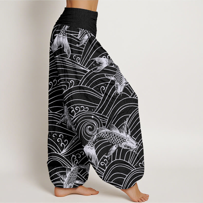 Pantaloni harem da donna con elastico in vita e motivo a onde con Buddha Stones e pesci koi - image 10