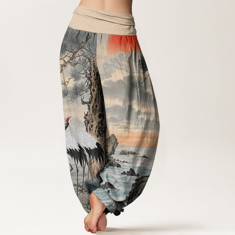 Pantaloni harem da donna con elastico in vita, modello casual con gru coronata rossa e albero del sole, motivo Buddha Stones - image 2