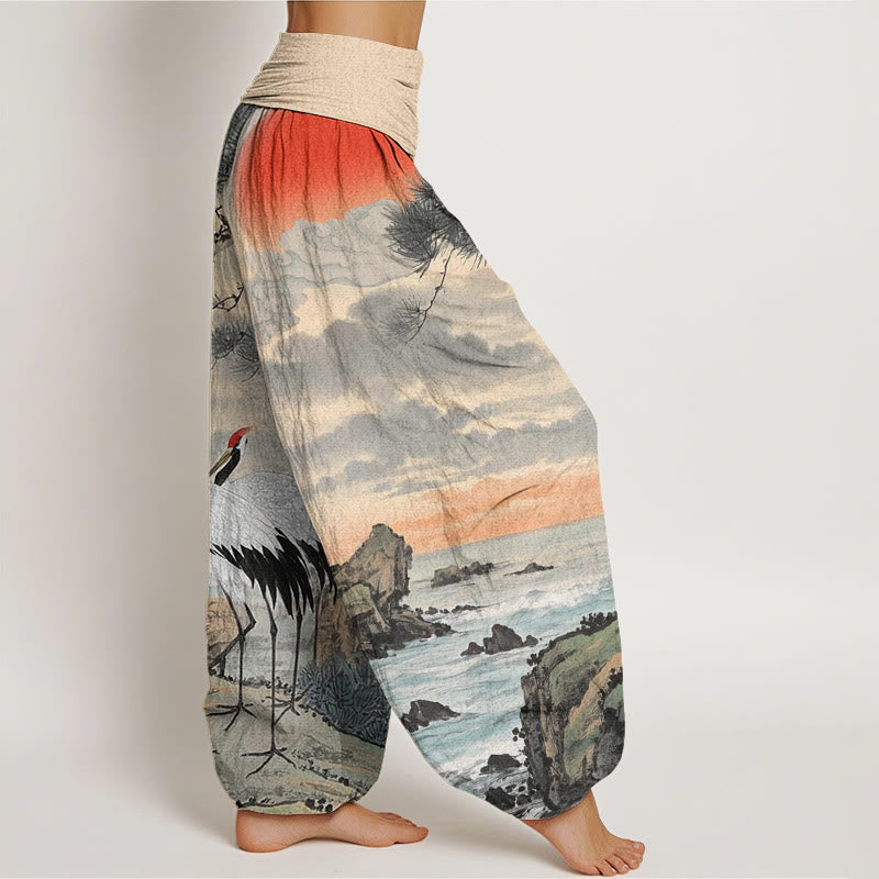 Pantaloni harem da donna con elastico in vita, modello casual con gru coronata rossa e albero del sole, motivo Buddha Stones - image 3