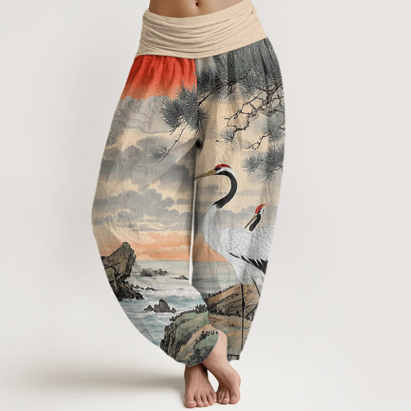 Pantaloni harem da donna con elastico in vita, modello casual con gru coronata rossa e albero del sole, motivo Buddha Stones - PaleGoldenrod - US22, UK/AU26, EU54 (6XL) - image 1