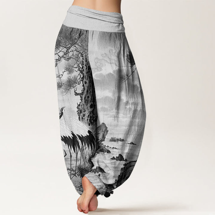 Pantaloni harem da donna con elastico in vita, modello casual con gru coronata rossa e albero del sole, motivo Buddha Stones - image 6