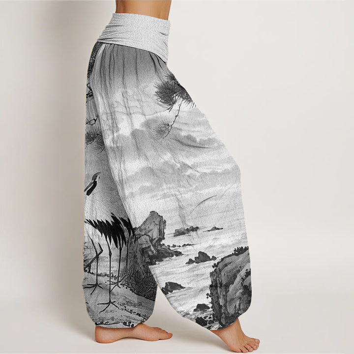 Pantaloni harem da donna con elastico in vita, modello casual con gru coronata rossa e albero del sole, motivo Buddha Stones - image 7