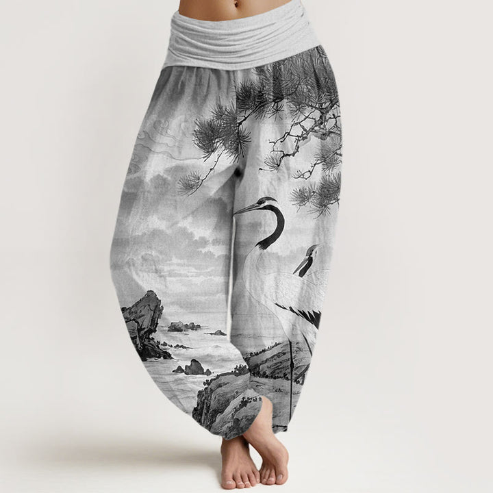 Pantaloni harem da donna con elastico in vita, modello casual con gru coronata rossa e albero del sole, motivo Buddha Stones - Grigio chiaro - US22, UK/AU26, EU54 (6XL) - image 5