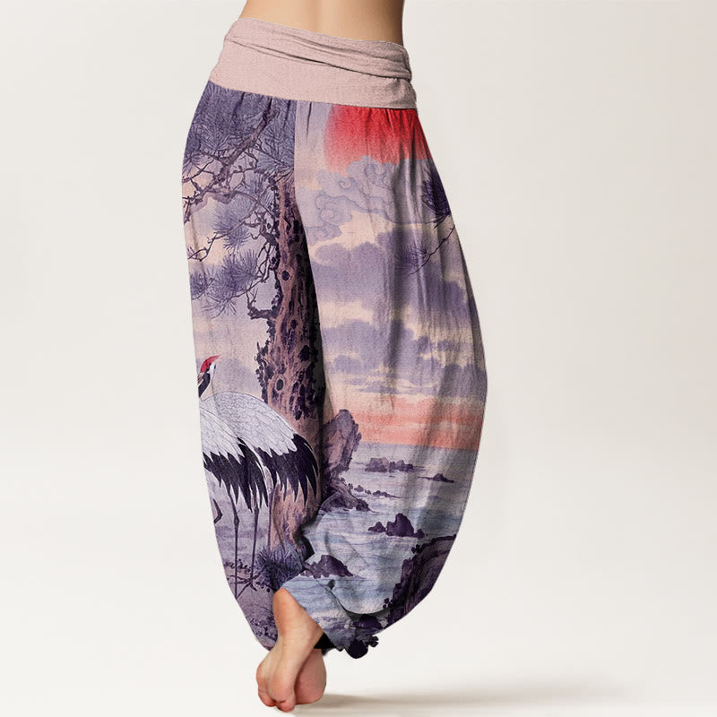 Pantaloni harem da donna con elastico in vita, modello casual con gru coronata rossa e albero del sole, motivo Buddha Stones - image 9