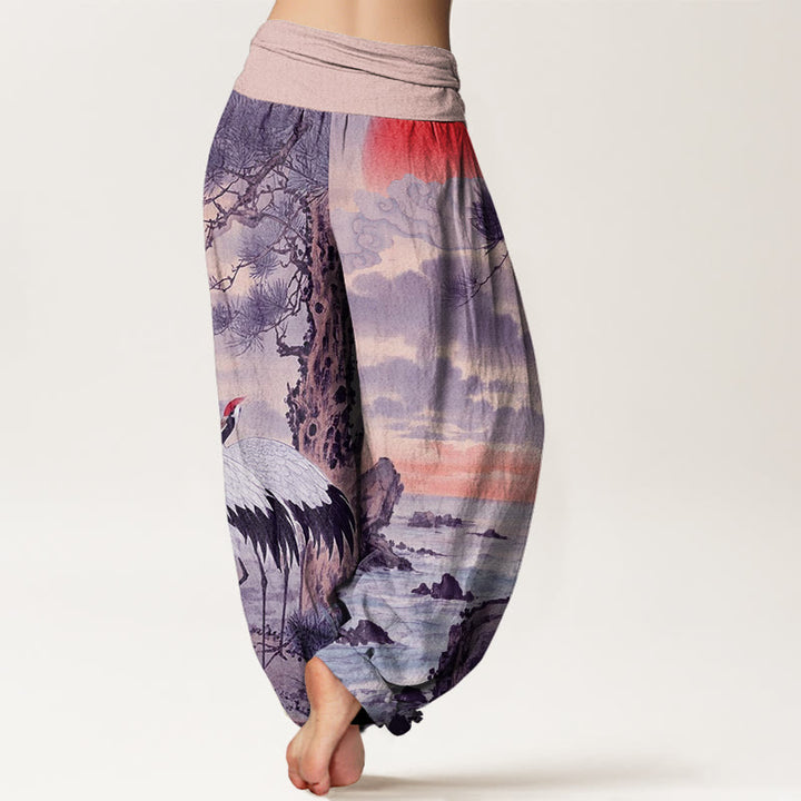 Pantaloni harem da donna con elastico in vita, modello casual con gru coronata rossa e albero del sole, motivo Buddha Stones - image 9