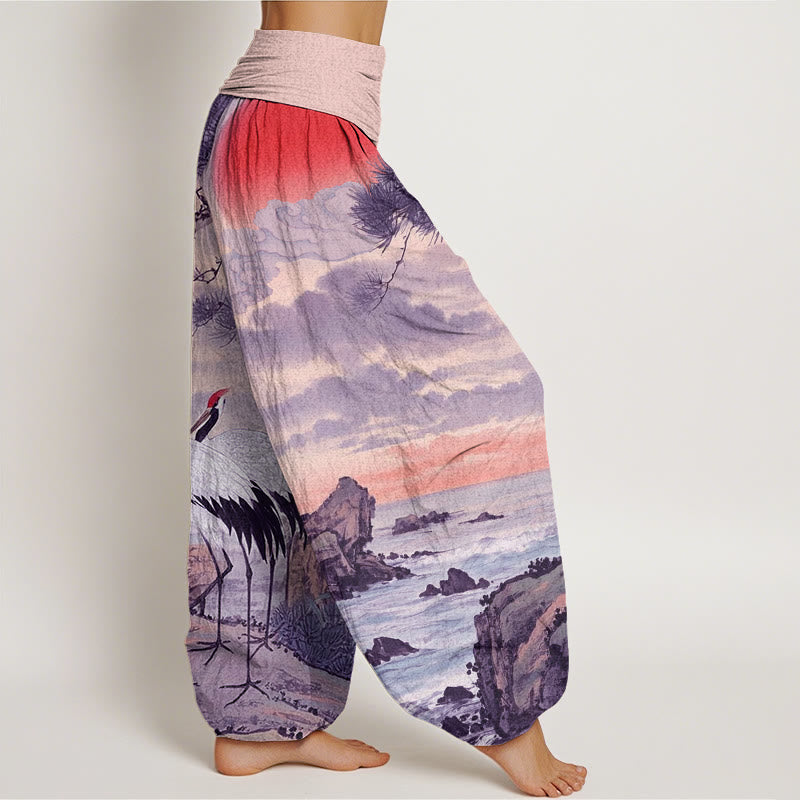 Pantaloni harem da donna con elastico in vita, modello casual con gru coronata rossa e albero del sole, motivo Buddha Stones - image 10