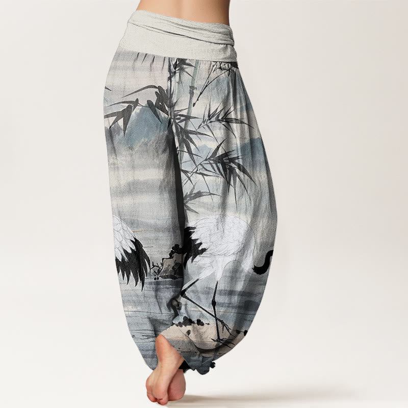 Pantaloni harem da donna con elastico in vita, modello casual, con gru coronata rossa, foglie di bambù e motivo di montagna, motivo Buddha Stones - image 2