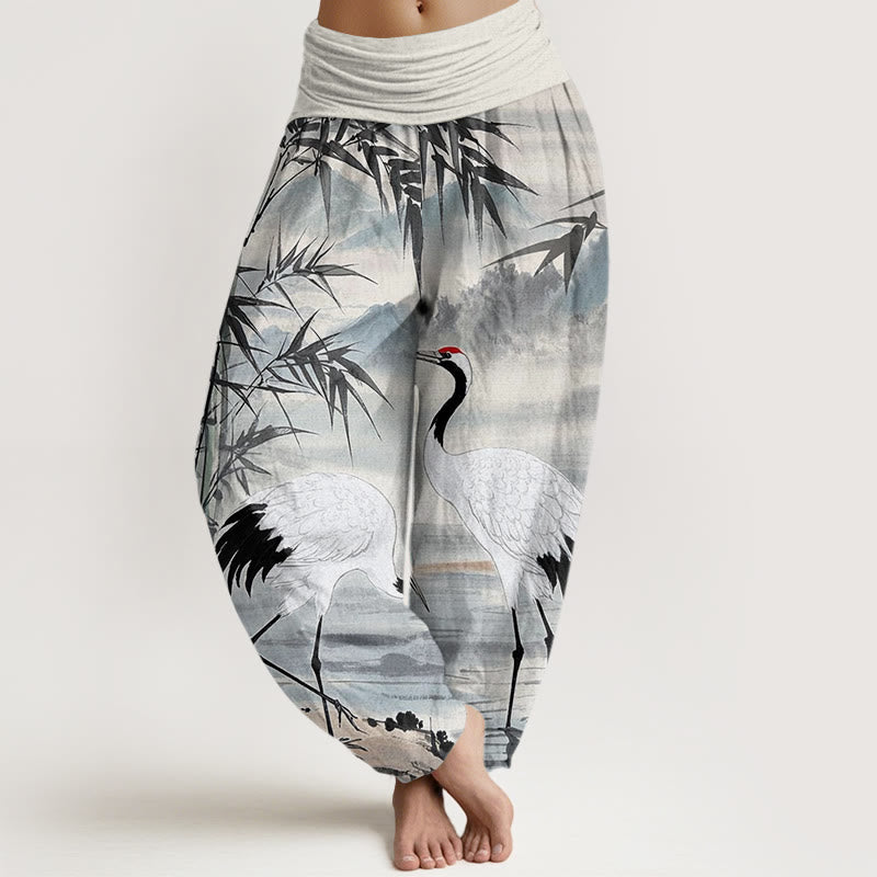 Pantaloni harem da donna con elastico in vita, modello casual, con gru coronata rossa, foglie di bambù e motivo di montagna, motivo Buddha Stones - Fumo bianco - US22, UK/AU26, EU54 (6XL) - image 1