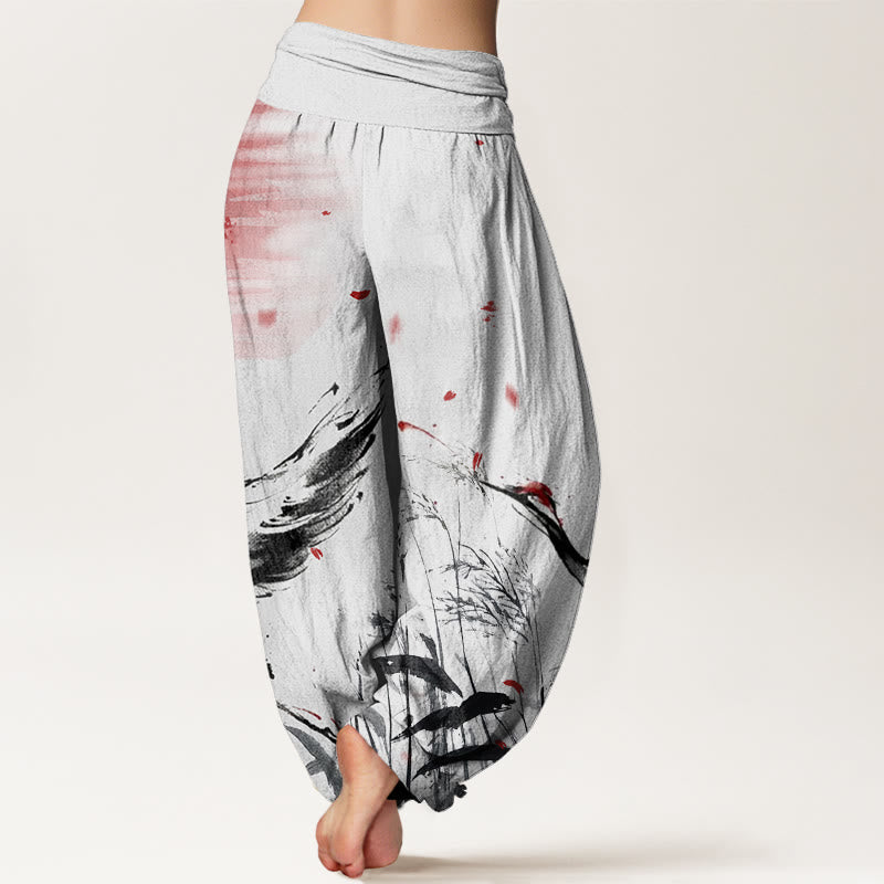 Pantaloni harem da donna con elastico in vita, modello Buddha Stones, casual, con corona rossa e motivo a gru e sole - image 1