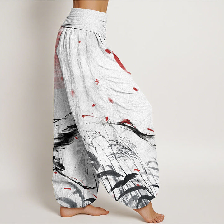 Pantaloni harem da donna con elastico in vita, modello Buddha Stones, casual, con corona rossa e motivo a gru e sole - image 3
