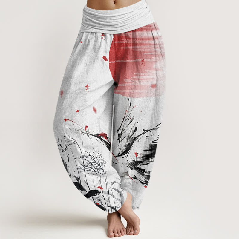 Pantaloni harem da donna con elastico in vita, modello Buddha Stones, casual, con corona rossa e motivo a gru e sole - Bianco Fantasma - US22, UK/AU26, EU54 (6XL) - image 1