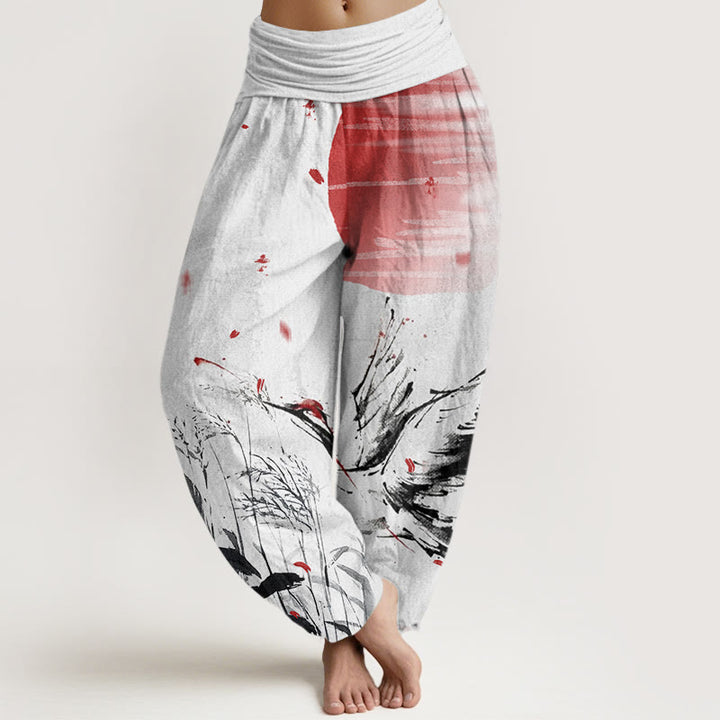 Pantaloni harem da donna con elastico in vita, modello Buddha Stones, casual, con corona rossa e motivo a gru e sole - Bianco Fantasma - US22, UK/AU26, EU54 (6XL) - image 1