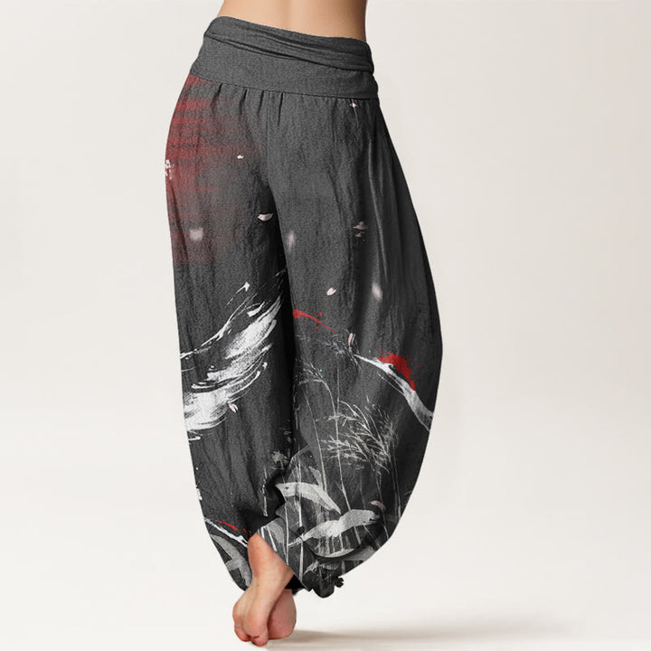 Pantaloni harem da donna con elastico in vita, modello Buddha Stones, casual, con corona rossa e motivo a gru e sole - image 5