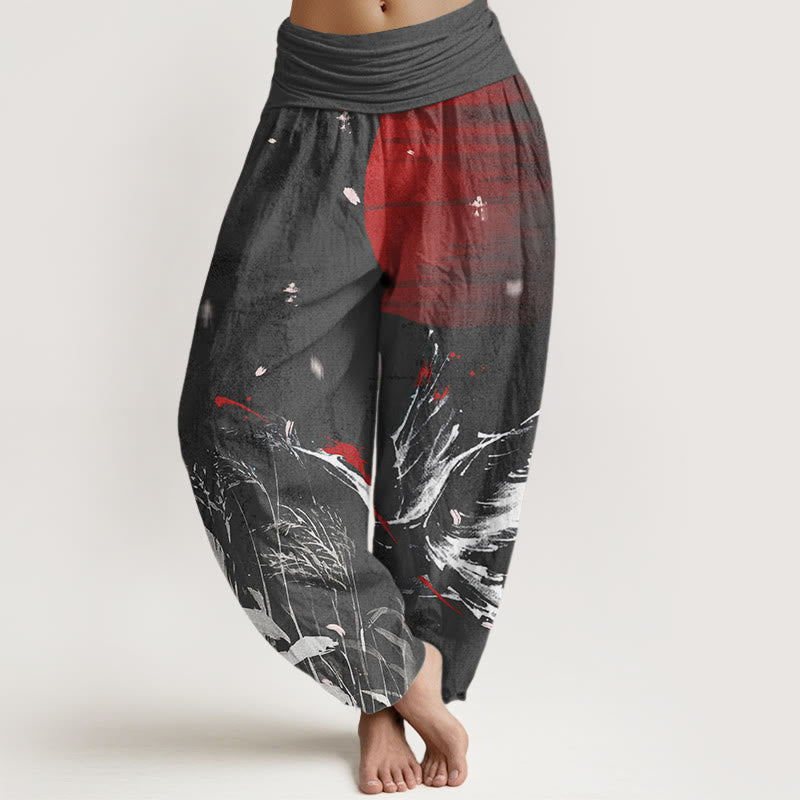 Pantaloni harem da donna con elastico in vita, modello Buddha Stones, casual, con corona rossa e motivo a gru e sole - Nero - US22, UK/AU26, EU54 (6XL) - image 5