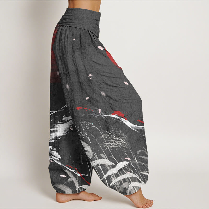 Pantaloni harem da donna con elastico in vita, modello Buddha Stones, casual, con corona rossa e motivo a gru e sole - image 7