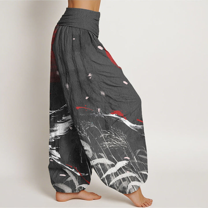 Pantaloni harem da donna con elastico in vita, modello Buddha Stones, casual, con corona rossa e motivo a gru e sole - image 7