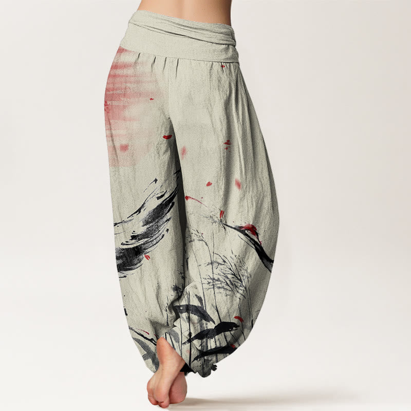 Pantaloni harem da donna con elastico in vita, modello Buddha Stones, casual, con corona rossa e motivo a gru e sole - image 9