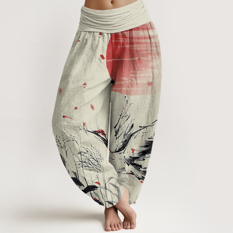 Pantaloni harem da donna con elastico in vita, modello Buddha Stones, casual, con corona rossa e motivo a gru e sole - PaleGoldenrod - US22, UK/AU26, EU54 (6XL) - image 8