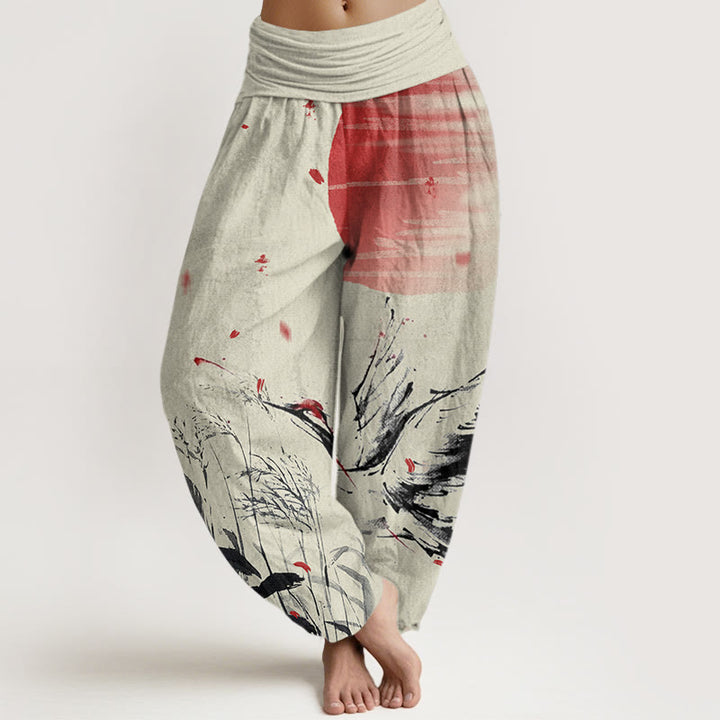 Pantaloni harem da donna con elastico in vita, modello Buddha Stones, casual, con corona rossa e motivo a gru e sole - PaleGoldenrod - US22, UK/AU26, EU54 (6XL) - image 8