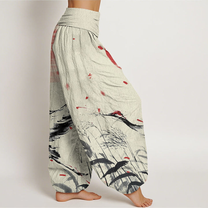 Pantaloni harem da donna con elastico in vita, modello Buddha Stones, casual, con corona rossa e motivo a gru e sole - image 9