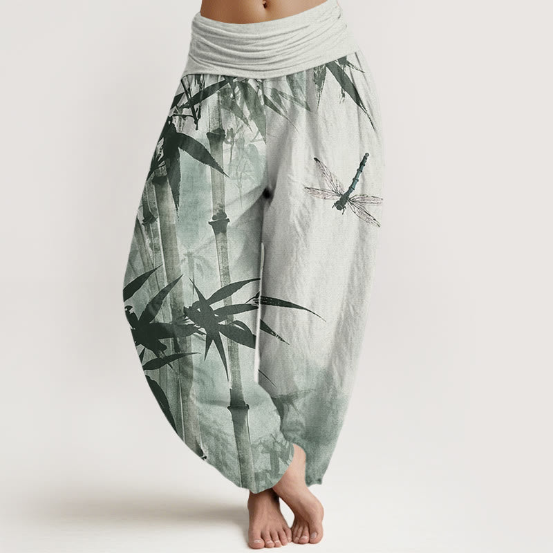 Pantaloni harem da donna con elastico in vita, modello Buddha Stones bambù casual e libellula - Verde chiaro - US22, UK/AU26, EU54 (6XL) - image 1