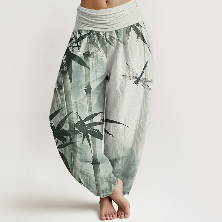 Pantaloni harem da donna con elastico in vita, modello Buddha Stones bambù casual e libellula - Verde chiaro - US22, UK/AU26, EU54 (6XL) - image 1