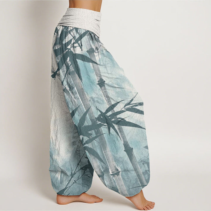 Pantaloni harem da donna con elastico in vita, modello Buddha Stones, in cotone, casual, con foglie di bambù e libellula - image 9
