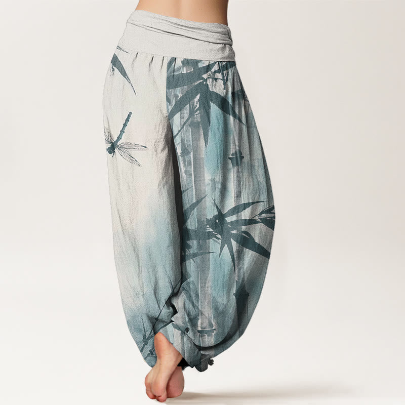 Pantaloni harem da donna con elastico in vita, modello Buddha Stones, in cotone, casual, con foglie di bambù e libellula - image 8