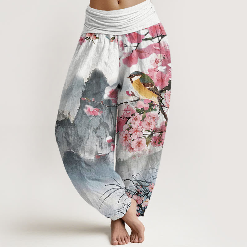 Pantaloni harem da donna con elastico in vita, motivo Buddha Stones Bird Cherry Blossom Mountains - Grigio - US22, UK/AU26, EU54 (6XL) - image 1